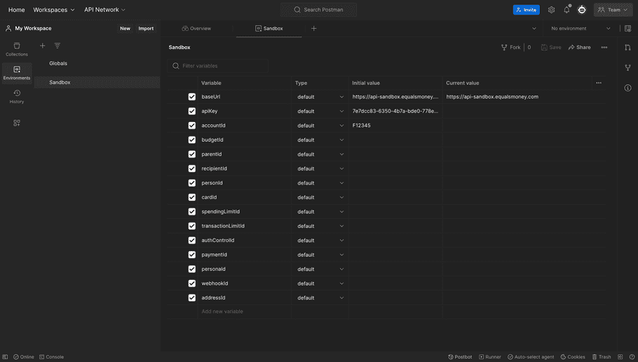 Screenshot of the Sandbox environment in Postman